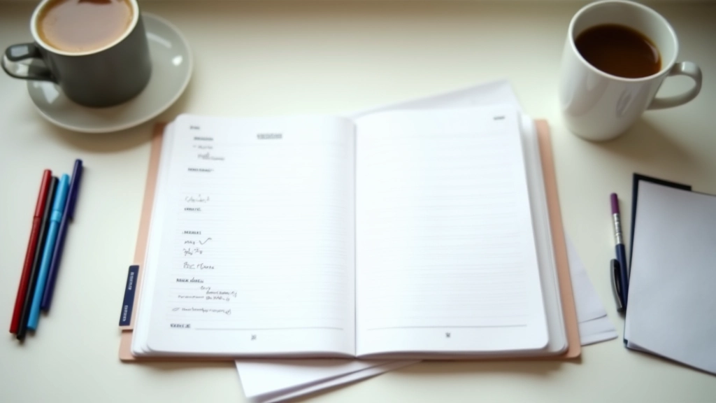 Desk calendar and planning notebook with handwritten schedule, pen and coffee nearby, organized time management setup