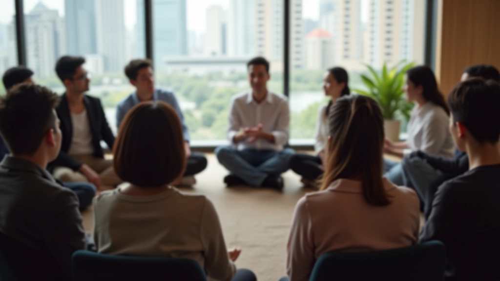 Group of professionals sitting in circle during emotional intelligence workshop session