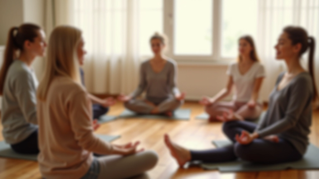 Group of diverse people sitting in circle formation during a mindfulness workshop session, engaged and relaxed in a bright studio space