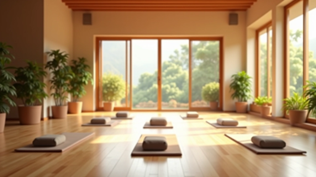 Serene meditation studio with cushions arranged in circle and soft ambient lighting