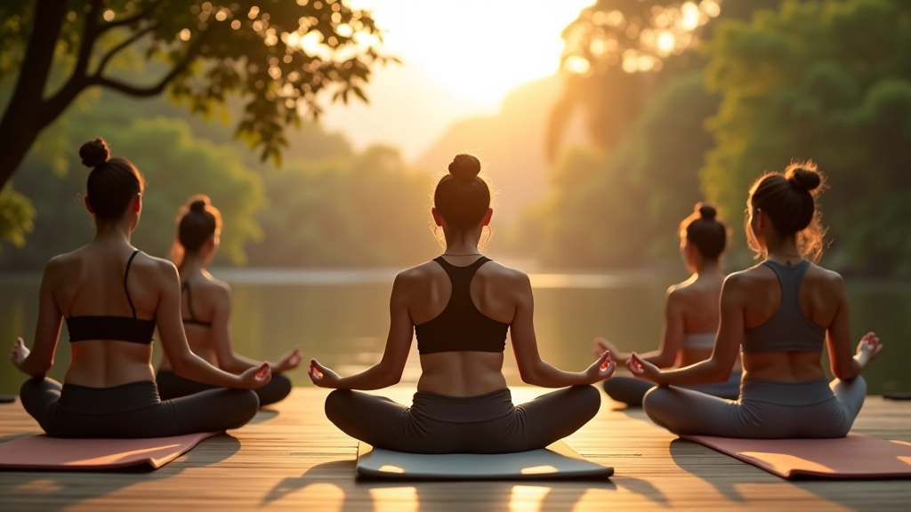 Peaceful outdoor retreat setting with participants practicing meditation on yoga mats overlooking natural landscape during a wellness program