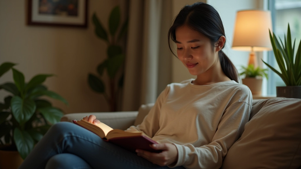 Person sitting on couch reading book at home with plants visible, relaxed evening atmosphere, peaceful home environment