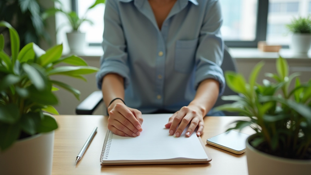 Professional at desk with organized workspace showing balance between work and wellness elements