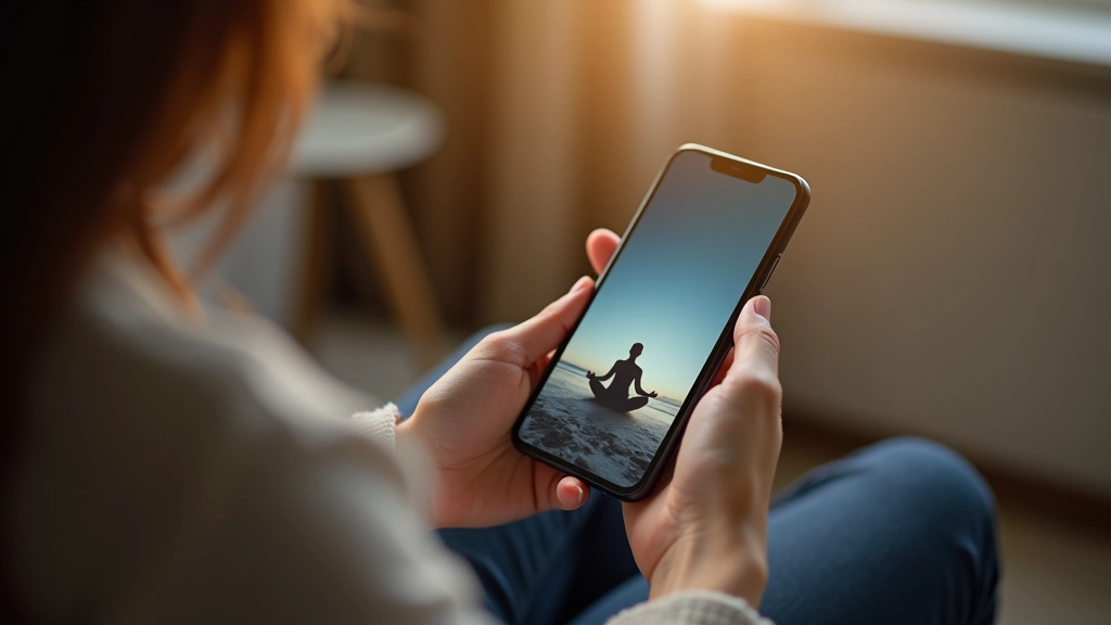Person using a meditation app on smartphone while sitting on a comfortable couch in a naturally lit home environment