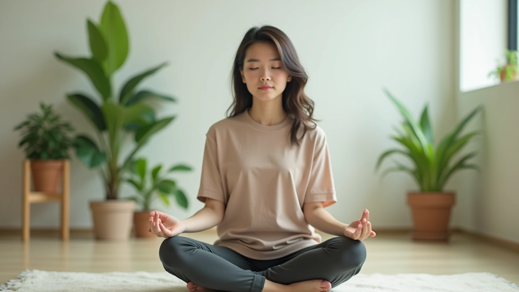 Close-up of a person in comfortable clothing sitting peacefully in a bright, serene room with soft natural lighting and indoor plants