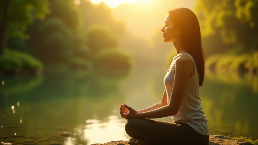 Person meditating outdoors in a peaceful natural setting with morning sunlight, seated on a meditation cushion with trees and water visible in background