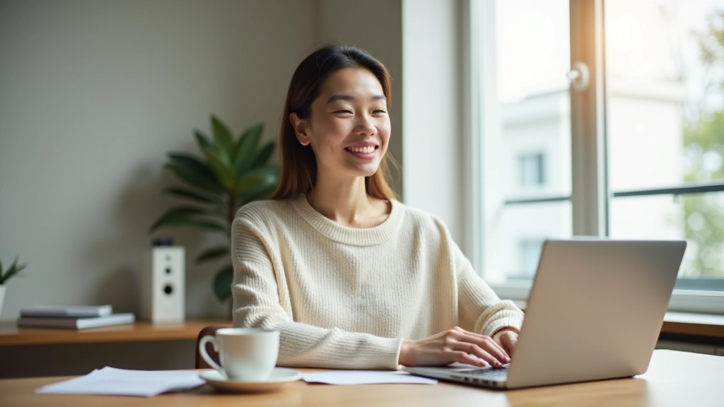 Woman working at laptop with coffee cup on wooden table, morning light from window, focused concentration, sharp detail