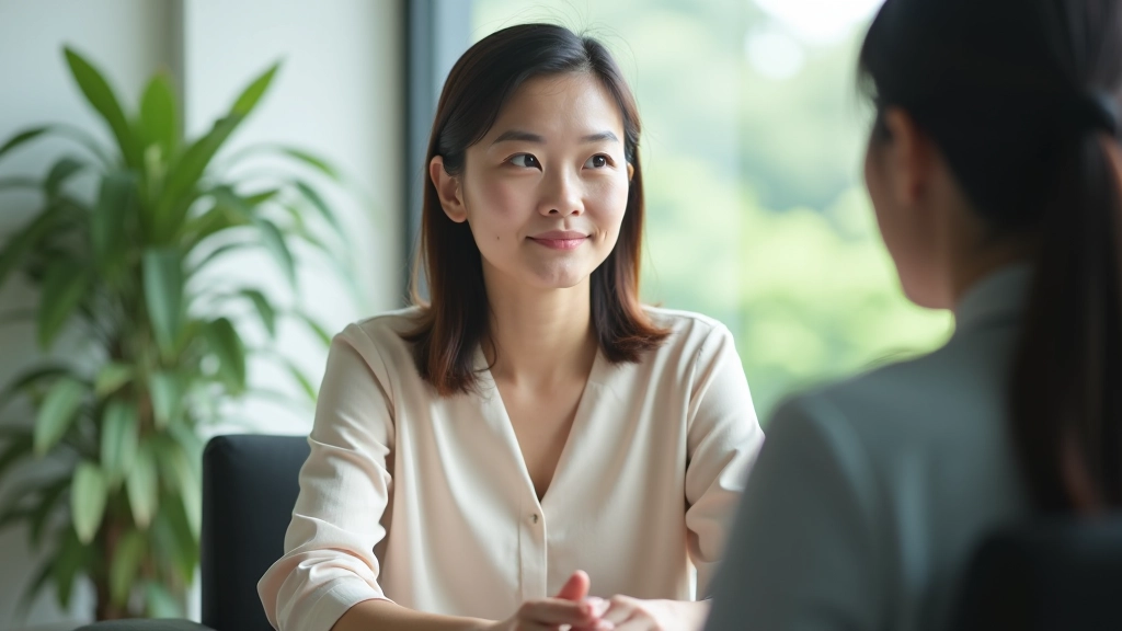 One-on-one coaching session between instructor and participant in a comfortable private consultation room with natural lighting and calming decor