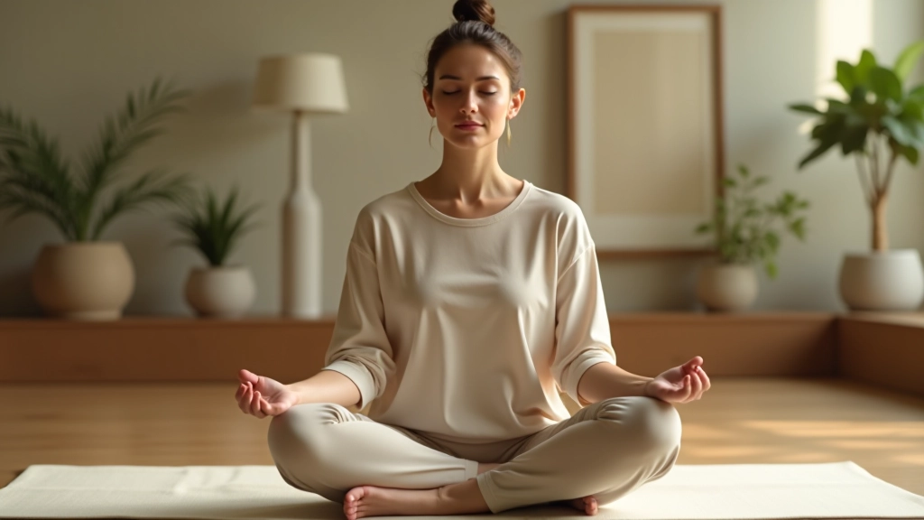 Woman practicing meditation in peaceful studio environment with soft natural lighting