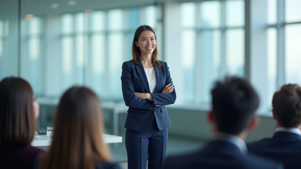 Professional facilitator leading a corporate stress management workshop with participants seated at tables with notebooks and materials